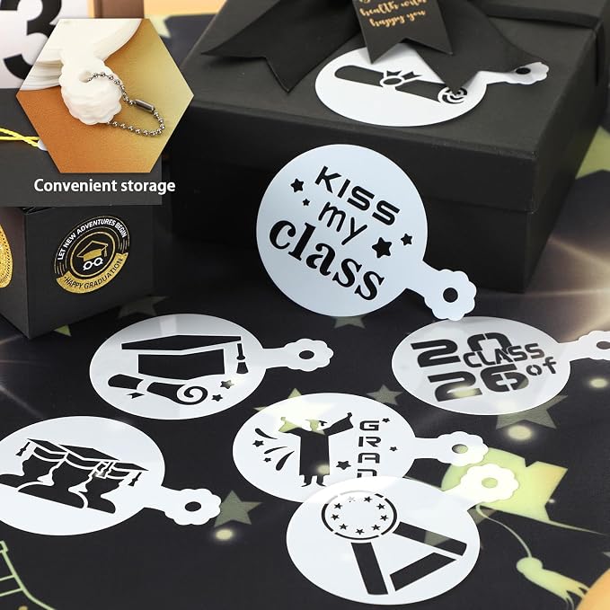 JULBEAR Graduation Cookie Stencils 36 Pcs Class of 2026 Reusable Templates | Cookie Decorating Supplies, Graduate Party Coffee Decoration, Baking Dessert Painting DIY, 36 Pieces Templates Tools