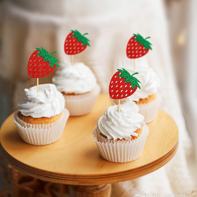 36Pcs Glitter Red Strawberry Cupcake Toppers Red Strawberries Cupcake Picks for Berry Strawberry Baby Shower Kids Boys Girls Birthday Sweet Fruit Party Bridal Shower Wedding Cake Decorations