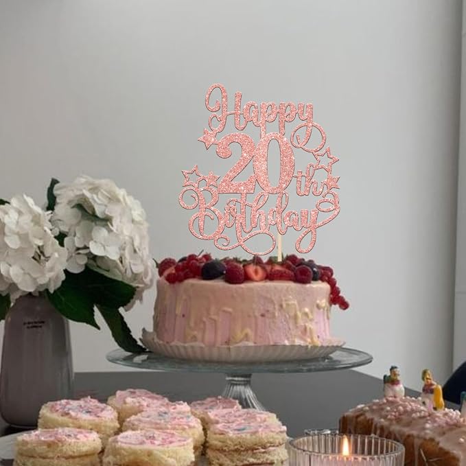 1 PCS Happy 20th Birthday Cake Topper Glitter Cheers to 20 Years Birthday Cake Pick Hello 20 Fabulous Cake Decoration for Happy 20th Birthday Anniversary Party Decorations Supplies Rose Gold