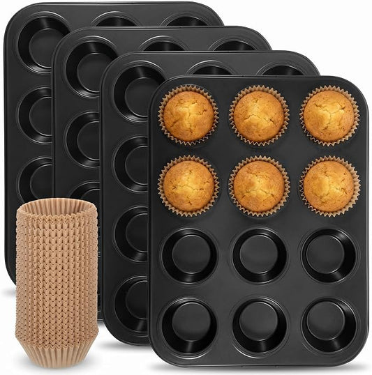 4 Pcs Muffin Pan for Baking, 12 Cup Nonstick Carbon Steel Cupcake Pan with 500 Natural Cupcake Liners, Carbon Steel Muffin Cupcakes Tary Baking Supplies, Standard CupcakePan