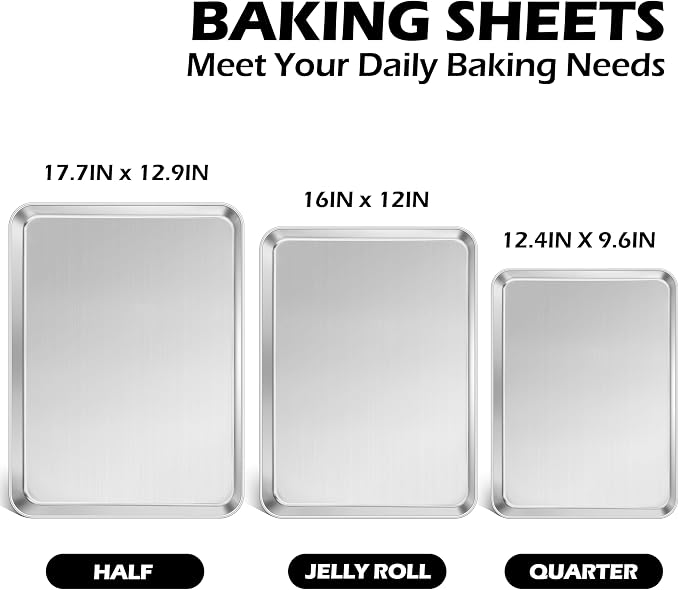 Leonyo Stainless Steel Baking Sheets Set of 3, Metal Cookies Sheets Pans for Baking, Set with 17x13IN Half, 16x12IN Jelly Roll, 9x13IN Quarter Sheet Pan Toaster Oven Tray for Oven,Dishwasher Safe