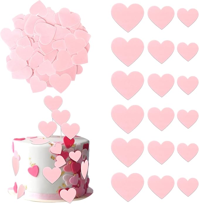 60 PCS Edible Heart Cupcake Toppers Sweet Love Valentine's Day Cake Decorations Edible Heart Cupcake Picks for Valentine's Day Wedding Engagement Birthday Party Food Decorations Supplies Light Pink