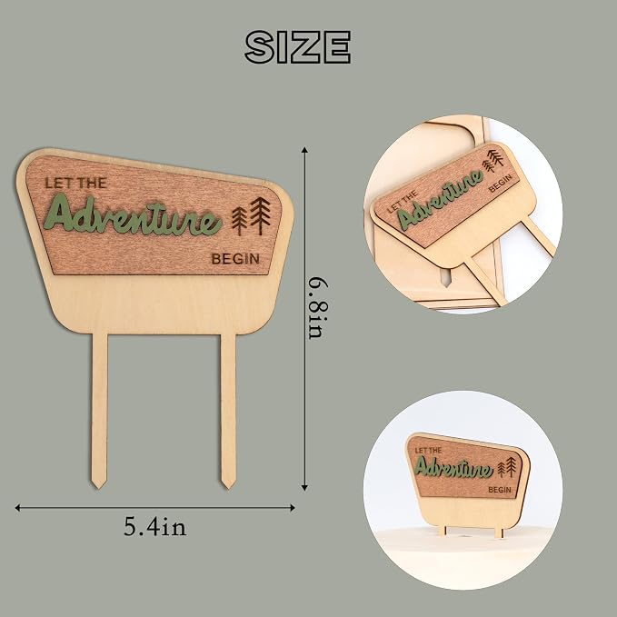 ZAIBIANHAO Let the Adventure Begin Wooden Cake Topper - Natural Adventure Themed Camping Decorations for Baby Shower,Happy Camper Decoration,Camping Birthday Party Supplies
