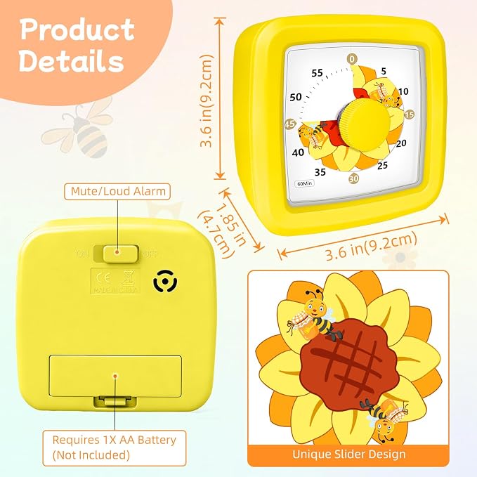 Kids Visual Timer 60 Minute – Countdown Visual Timer for Kids, Kitchen Timer for Cooking Classroom, Silent Mini Timer with Sunflower Cute Bee Pattern, Gift for Special Needs Adult Focus,Yellow