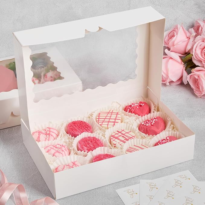 30 Pack Auto Pop-up Cookie Boxes with Window, 12" x 8" x 2.5", White | Bakery Treat Boxes, For Chocolate Covered Strawberries, Cake Pops, Donuts, Cocoa Bombs, Sugar Cookies, Pastries