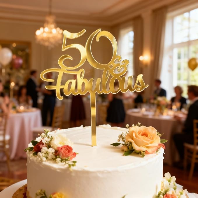 1PCS 50 Fabulous Cake Topper, Gold Acrylic Fifty Birthday Cake Decoration Cake Pick for 50th Anniversary Party Decoration Supplies (50)