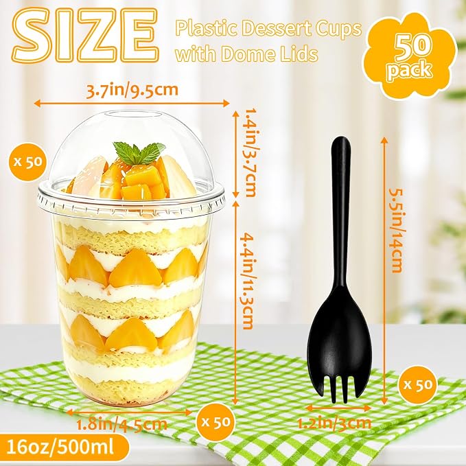 Jnnzzggu 50 Pack 16 oz Plastic Dessert Cups with Dome Lids | Clear No Hole, Includes Sporks, Disposable, For Pudding Parfait Fruit Cake