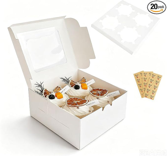 HUFElI 3.5 Inch Extra Tall Cupcake Boxes 4 Count with Window, Bakery Boxes, Food Grade Muffin Container，Treat Boxes for Cookies，Candies，Mini Cakes & Baked Goods - 6.3x6.3x3.5 inch, 20 Pack
