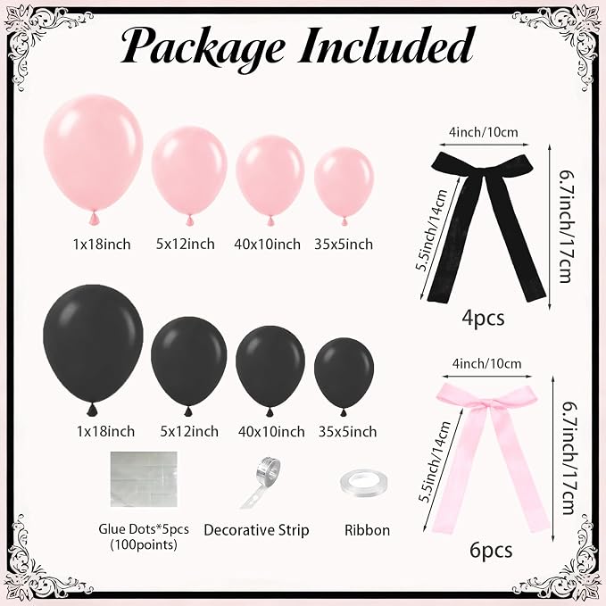 Pink Black Balloon Garland Arch Kit, 172Pcs Pink and Black Balloons for Coquette Birthday Wedding Baby Shower Bridal Shower Graduation Prom Party Decorations with Bows