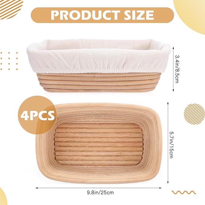 Nuogo 4 Pieces 10 Inch Bread Banneton Proofing Basket Rattan Banneton Dough Proofing Bowls with Liners and Scatters for Home Sourdough Baking (Rectangle)