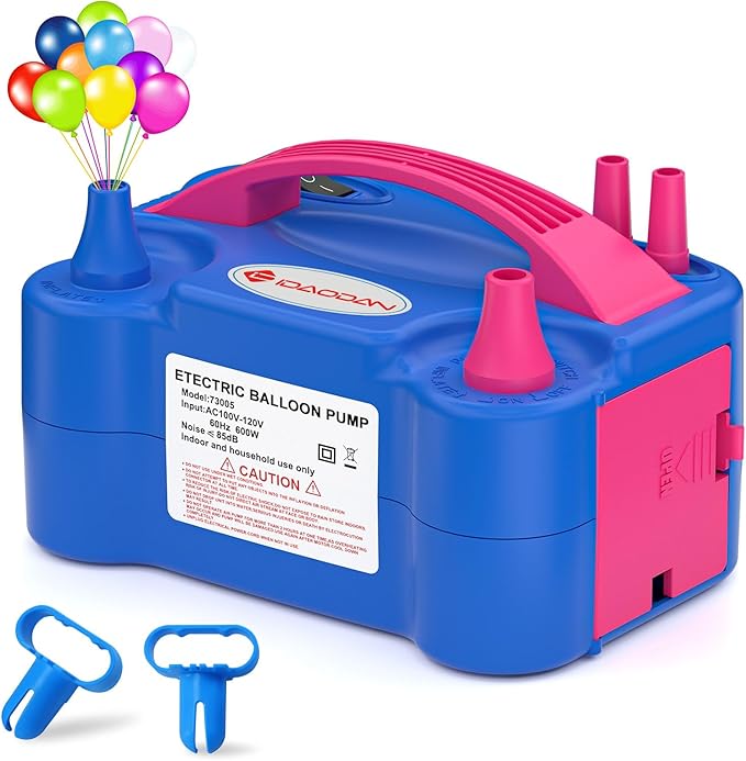 IDAODAN Electric Balloon Pump, Portable Electric Balloon Blower Machine Balloon Air Pump Dual Nozzle Rose Red 110V 600W Balloon Inflator for Party Decorations