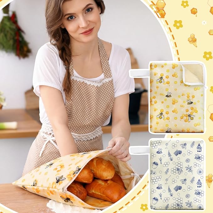 Hahafelt 2 Pack Beeswax Bread Bags with Zipper Seal for Sourdough and Homemade Bread XL Reusable Organic Linen Cotton Beeswax Loaves Food Storage Bag to Keep Fresh(Bee)