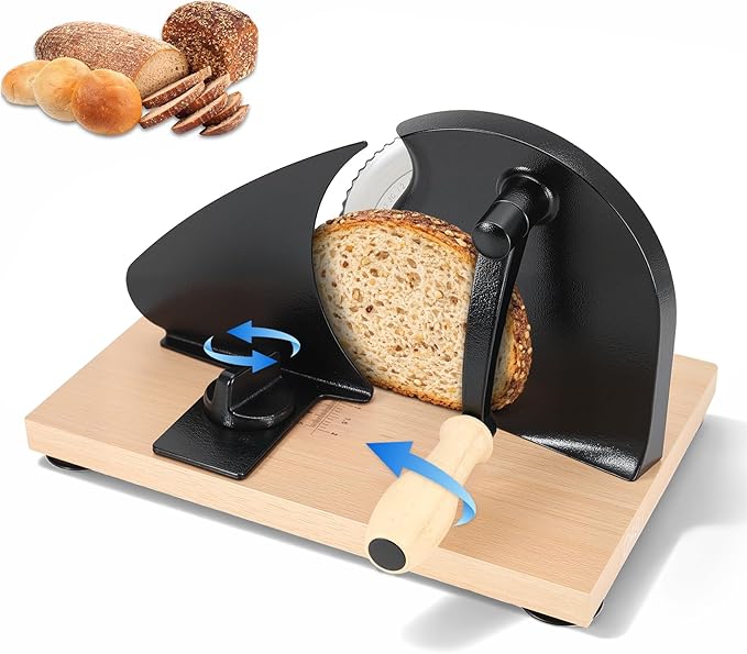 Manual Bread Slicer for Homemade Sourdough Bread, Adjustable Thickness Hand Crank Bread Cutter with Scale Lines, Suction Cup Base, Metal Guide & Sharp Stainless Steel Blade (Black)