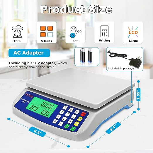 30kg/66lb Commercial Food Scale Large Digital Kitchen Scale for Baking Cooking Bread Meat Weight Price Computing Scale with LCD Display Counting Scales for Coins Adapter Included