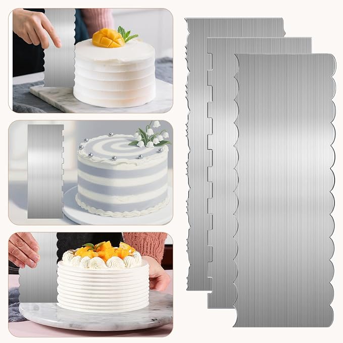 4 Pcs Stainless Steel Cake Scraper, 9 inch Cake Scraper Smoother, Double Sided Patterned Edge Stripe Edge Smoother Decorating for Mousse Butter Cream Dessert Decoration, 4 Styles