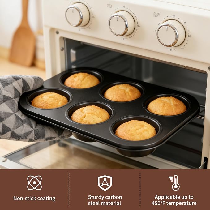 2 Pack 6-Cup Muffin Pan, Heavy-Duty Carbon Steel Nonstick Cupcake Baking Pan, 2.56” Standard Size Cups, Compact 10.43” x 7.28” Design, Oven & Dishwasher Safe (Black)