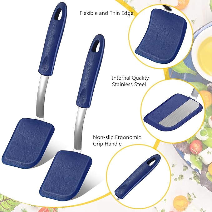 Silicone Cookie Spatula Turner 2 Pack Mini Brownie Spatula Flexible Kitchen Small Silicone Turner for Nonstick Cookware Heat Resistant No Scratch Flipper for Pancake(Solid Flat,Blue)