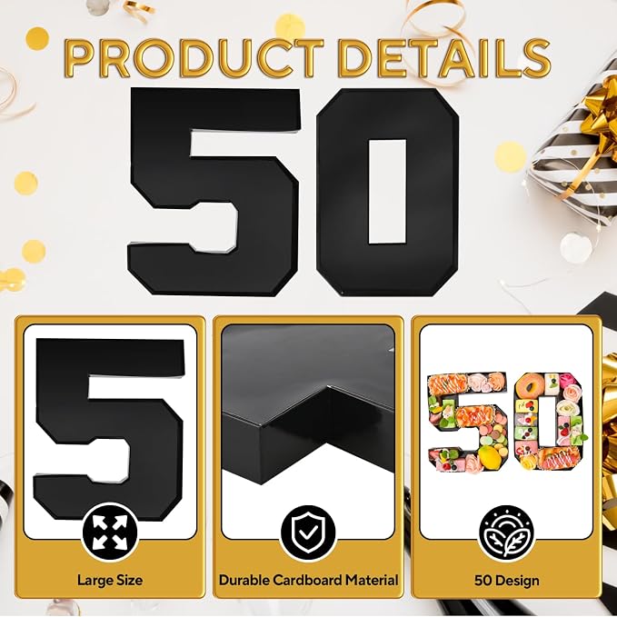 Cardboard Number for Charcuterie 50 Set Fillable Tray 10.2'' Black Charcuterie Paper Box for 50th Birthday Anniversary Party Decorations Chocolate Candy Cupcake Container