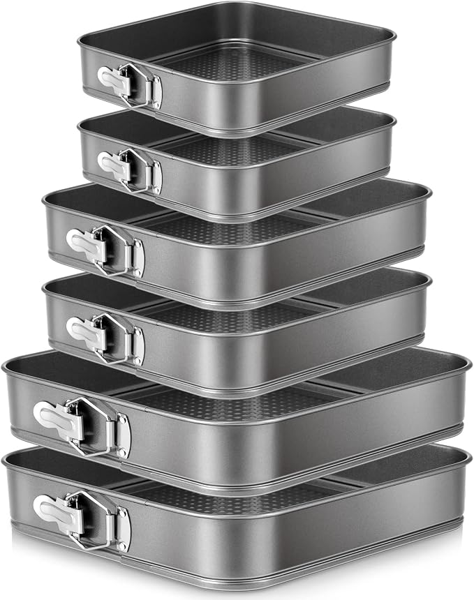 Zubebe Springform Cake Pan Square Non Stick Baking Pan 9.5, 10.2, 11 Inch, Set of 6 Leakproof Square Baking with Removable Bottom Cake Mold for Cheesecake Wedding, 3 Sizes