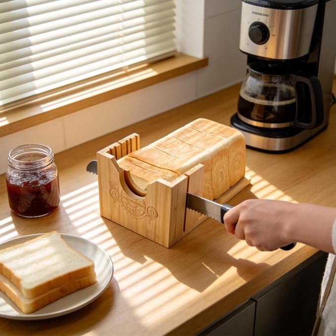 2-in-1 Bamboo Bagel & Bread Slicer Adjustable Thickness | Bamboo Cutting Guide, Manual Bread Slicer with Removable Extension Board for Homemade Bread, Bagels & Long Loaves