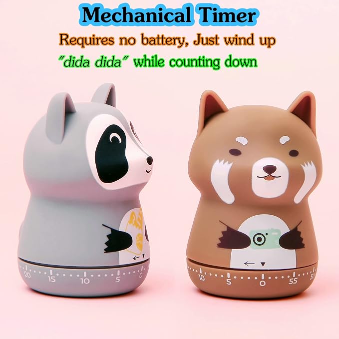 Mechanical Kitchen Timer, Cute Animal Timer for Kids, Wind Up 60 Minutes Manual Countdown Timer for Classroom, Home, Study and Cooking (Brown Lesser Panda)