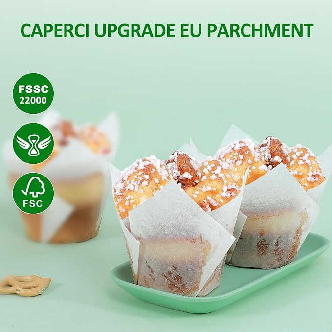 Caperci White Parchment Paper Tulip Cupcake Muffin Liners - European Non-stick Paper Baking Cups Cupacke Wrappers for Party, Wedding, Christmas, Birthday (150pcs)