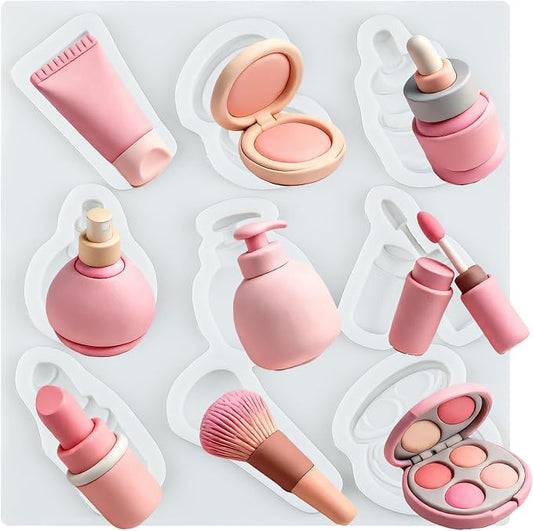 Makeup Theme Silicone Molds Lipstick Perfume Eye Shadow Makeup Brush Nail Polish Fondant Molds for Cake Decorating Cupcake Topper Candy Polymer Clay Chocolate Gum Paste