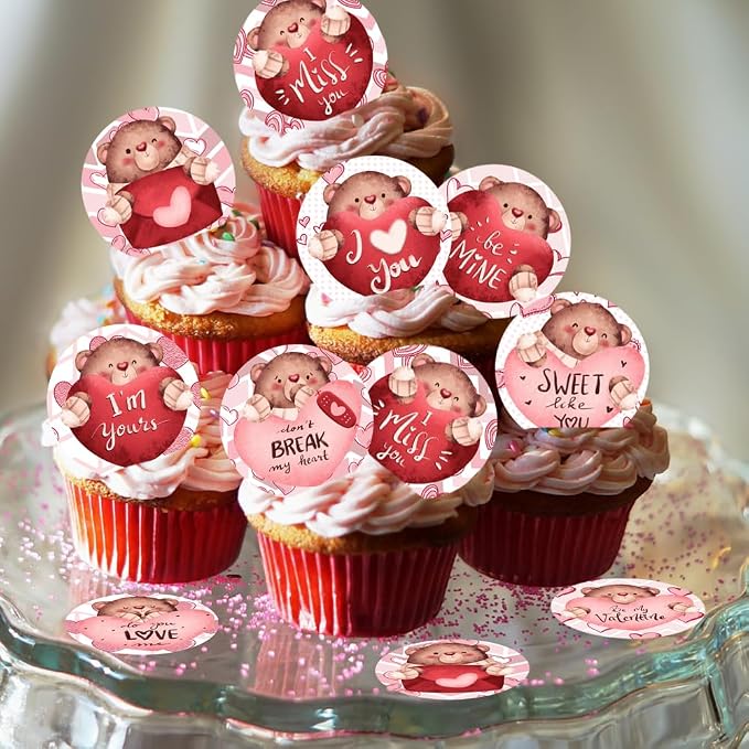 48PCS Edible Valentine's Day Bear Cupcake Toppers Wafer Paper I Love You Sweet Love Heart Cupcake Picks Be My Valentine Cake Decor for Valentine's Day Theme Party Decor Supplies