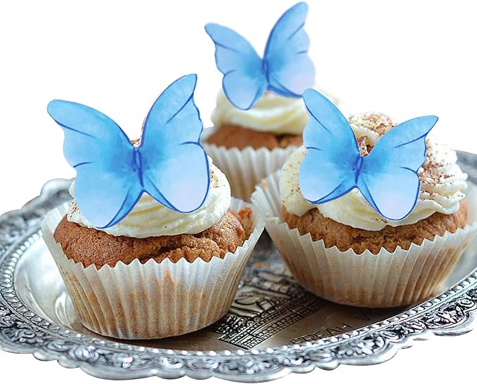 52 pcs edible wafer paper butterfly cake decoration, Cupcake topper multicolor butterfly decorative paper suitable for weddings birthdays Christmas cocktails (Watercolor blue)