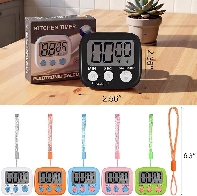 Weewooday 6 Pcs Small Digital Kitchen Timer Magnetic Back and Switch Minute Second Count up Countdown Big LCD Display Loud Alarm for Teacher Cooking Baking (Colorful)