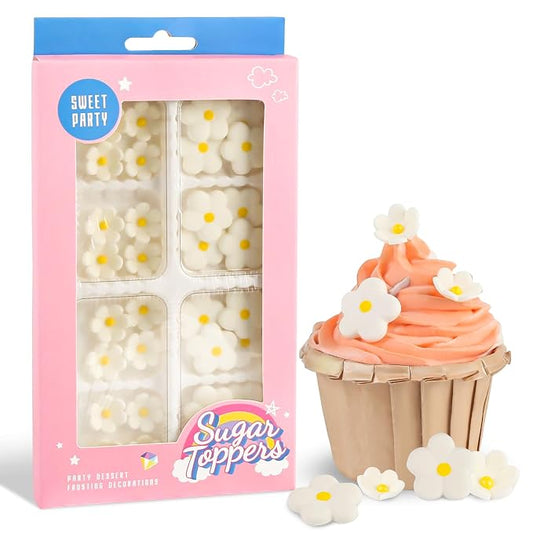 Royal Icing Flowers 32 Count Edible Mini White Blossoms Roses Daisy Sugar Flowers Cake Decorations for Baking Cupcakes Ice Cream Cookies Spring Waffles Cookies Wedding Birthday Cake Party