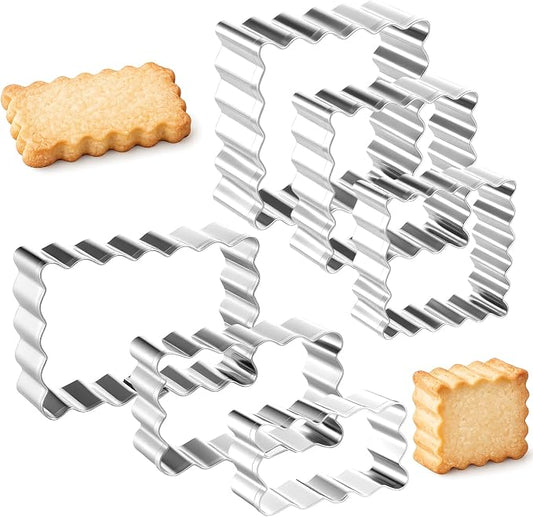 Qianyu 6 Pcs Scalloped Cookie Cutter Set, Stainless Steel Square Rectangle Biscuit Molds with Fluted Jagged Edge Assorted Sizes Geometric Frame Plaque Fondant Cake Fruit Vegetable Shapes Cutter