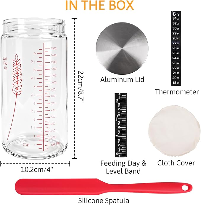 57oz Sourdough Starter Jars, Extra Large Complete Baking Kit | Sour Dough Starter Jars Includes Fermentation Cover & Aluminum Airtight Lid for Perfect Sourdough Bread (Red Set of 2)