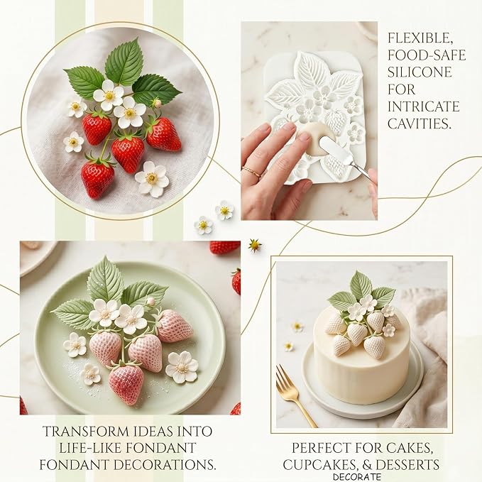 1Pc Strawberry Silicone Mold 3D Flower Leaf Fruit Fondant Baking Molds for Cake Decorating Cupcake Topper Candy Candle Clay Ice Cream Soap Wax Chocolate Gum Paste Pastry Birthday Wedding