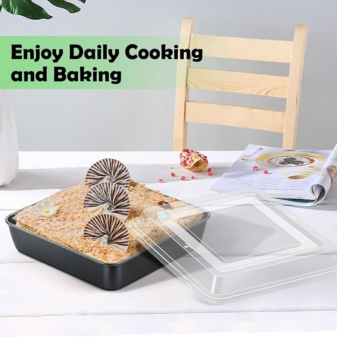 TeamFar 9x9 Inch Square Cake Pan with Lid, Non-Stick Square Baking Roasting Pan, with Stainless Steel Core for Cooking Brownie Lasagna, Non-Toxic & Heavy-Duty, Release & Clean Easily (1 Pan+1 Lid)