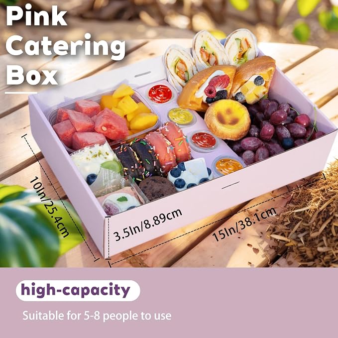 Pastry Serving Box Cardboard Heavy Duty 8PK, Assorted Food Platter Box w/Lid Indoor Outdoor for 5-8 People, Stably Filled Catering Trays w/Lid for Gift(15"x10"x3.5" Pink)