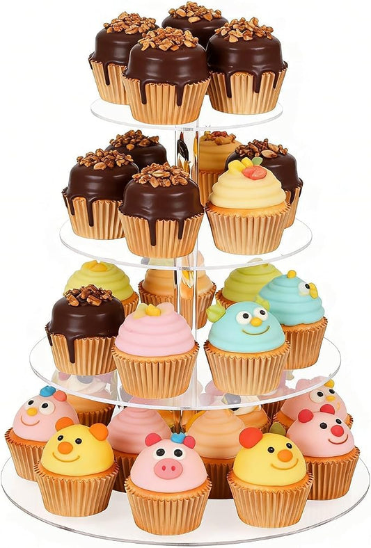 4 Tier Cupcake Stand for 50 Cupcakes, Clear Acrylic Cupcake Stand, Cupcake Holder for Parties, Weddings, Birthdays, Clear Cupcake Stand Ease of Assembly High Stability (Round)