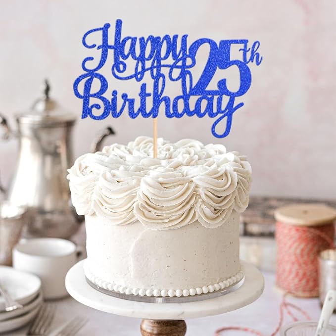 1 PCS Happy 25th Birthday Cake Topper Glitter Cheers to 25 Years Birthday Cake Pick Twenty Five 25 Fabulous Cake Decoration for Happy 25th Birthday Theme Party Decorations Supplies Blue