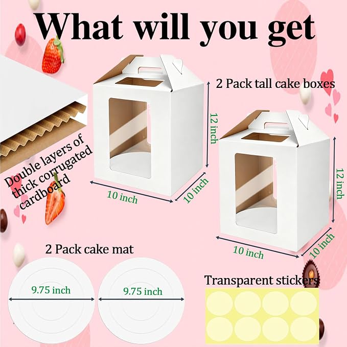 Cake Boxes - 2 Pack Tall Cake Box 10x10x12 Inch Disposable Layer Carrier with Window Large Tierd Cake Out Transport Containers with Handle for Wedding, Birthday, Party(White)