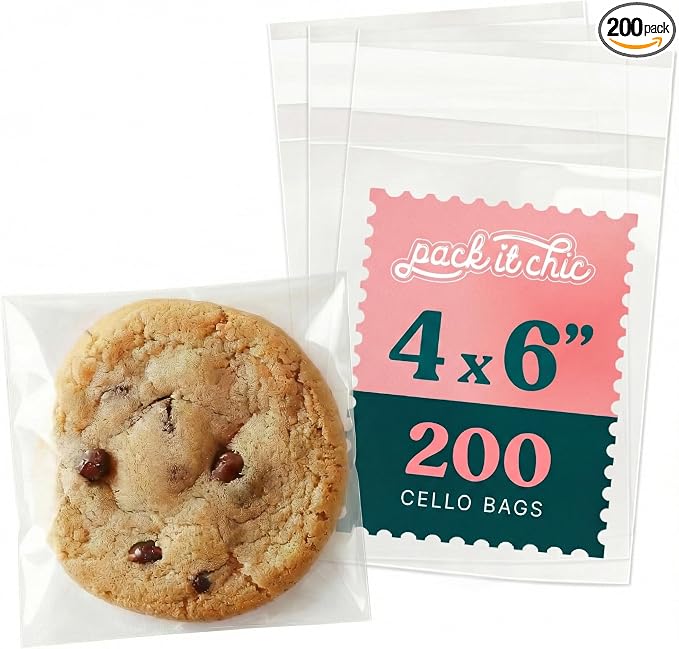 4" X 6" Clear Cookie Bags With Seal (200 Pack) - Self Sealing Cellophane Bags for Baked Goods Packaging, Cookie Wrappers, Bakery Packaging, Bake Sale, Candy, Treats, Goodies, Gifts, Party Favors