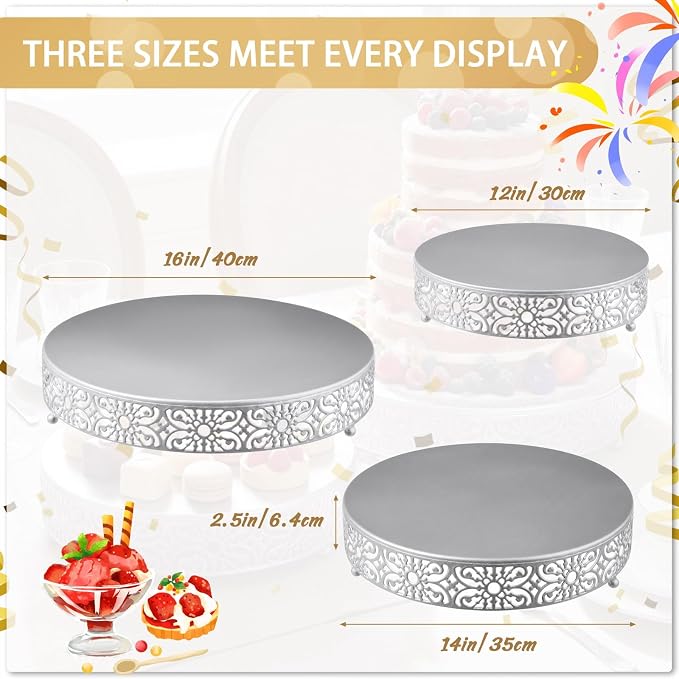 Wenqik 3 Pcs 16'' 14'' 12'' Metal Silver Cake Stand Round Cake Stands for Dessert Table Cookies Fruit Serving Tray Cupcake Dessert Pastry Riser for Wedding Birthday Party and Events