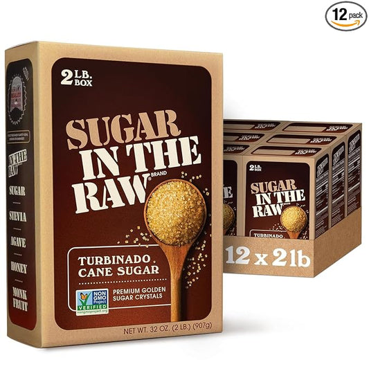 In The Raw Granulated Turbinado Cane Sugar, No Erythritol, Pure Natural Sweetener, Hot & Cold Drinks, Coffee, Cooking, Baking, Vegan, Gluten-Free, Non-GMO, Bulk Sugar, 2lb Bag (12-Pack)