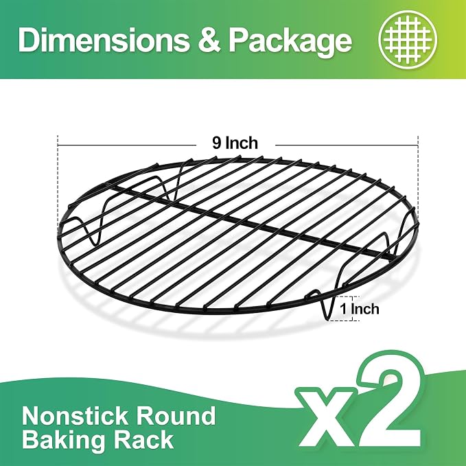 P&P CHEF 9 Inch Cooking Rack Round, Stainless Steel Round Rack for Cooking Cooling Steaming Baking, Fit Air Fryer Pot Pressure Cooker, 2 Pack -Oven Safe, Black