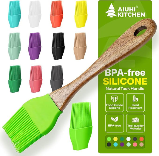 AIUHI Basting Brush for Cooking, Silicone Oil Brush with Wooden Handle, Heat Resistant Pastry Brushes with 12 Color Silicone Brush Head