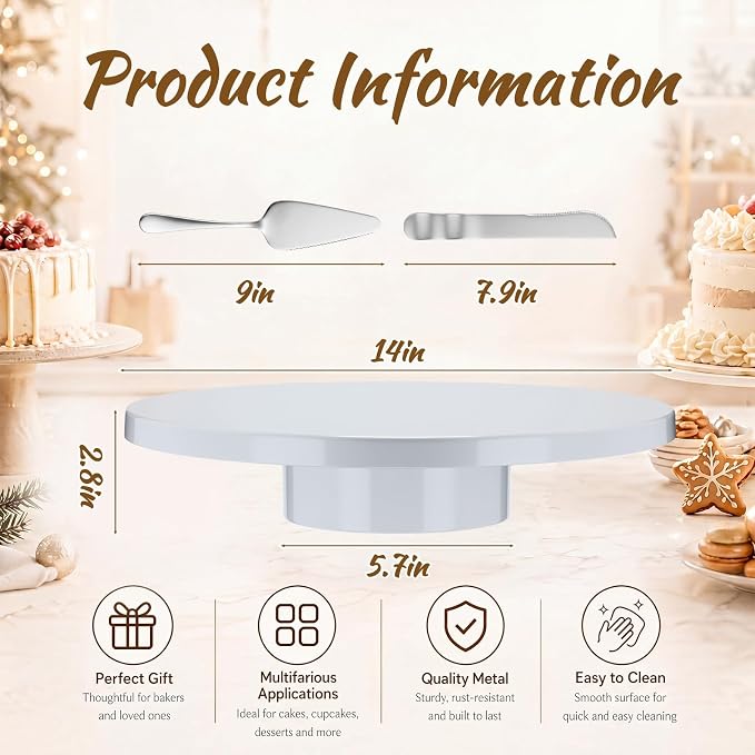 Wenqik 14 Inch Metal Cake Stand with Cake Knife and Spatula, Round Dessert Table Display Stand Metal Dessert Tray Serving Platter for Party, Wedding, Birthday, Baby Shower, Anniversary(White)