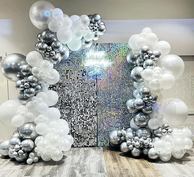 Silver Balloon Arch Kit, 143Pcs Chrome Metallic Silver Latex Balloon Garland kit, 18 12 10 5Inch Different Size Balloons for Wedding New Year Anniversary Baby Shower Birthday Party Decorations