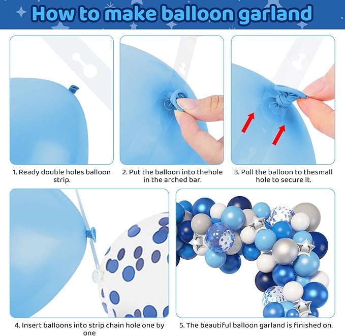Amandir Navy Blue Balloons Arch Garland Kit, 144Pcs Royal Light Blue Confetti Silver Star Foil Balloons for Blue Birthday Baby Shower Wedding Graduation Party Decorations Supplies