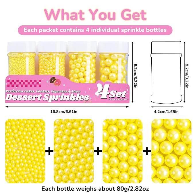 Yellow Pearl Sprinkles for Cake Decorating, 11.3oz/320g Edible Pearls Sugar 4 Jars Set for Baking Cupcakes Cookies