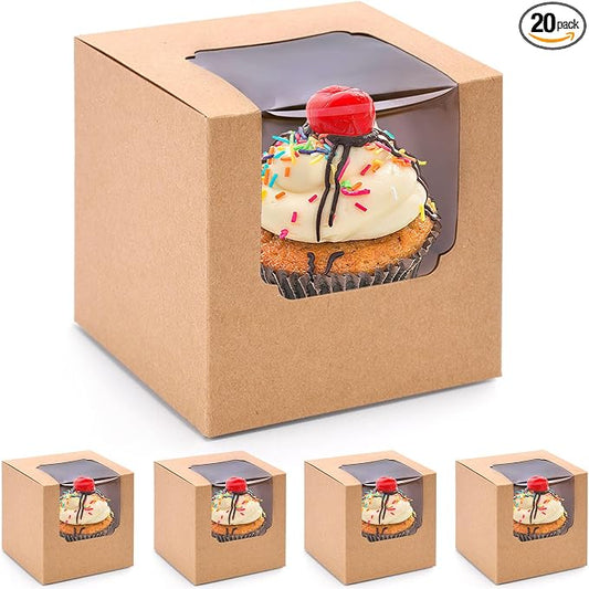 VGOODALL 20PCS Cupcake Boxes, 3.5"x3.5"x3.5" Individual Cupcake Containers Pre-Assembled Containers with Window and Inserts for Wedding Baby Shower Birthday Party Supplies