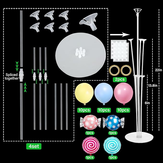 4 Sets Pastel Sweet Candy Theme Party Balloons Stand Kit with Lollipop Candies Foil Balloons Party Balloon Centerpiece for Tables for Candy World Birthday Party Candies Themed Decoration